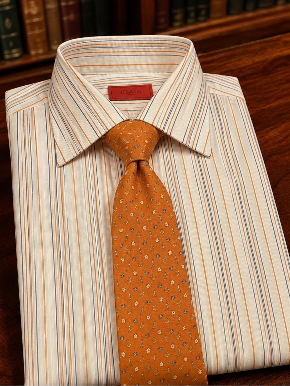 Isaia Cream Dress Shirt with Blue and Orange Stripes and included Ferragamo Tie